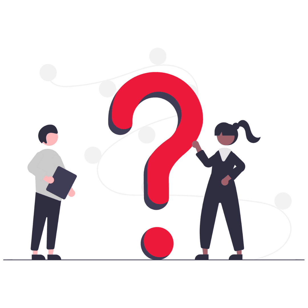 Illustrasjon av to personer som står rundt et spørsmålstegn